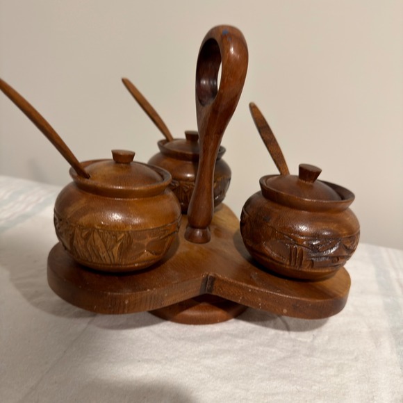 Unbranded Other - 1960's Vintage Tiki Wood Lazy Susan with 3 Wood Condiment Jars And Spoons